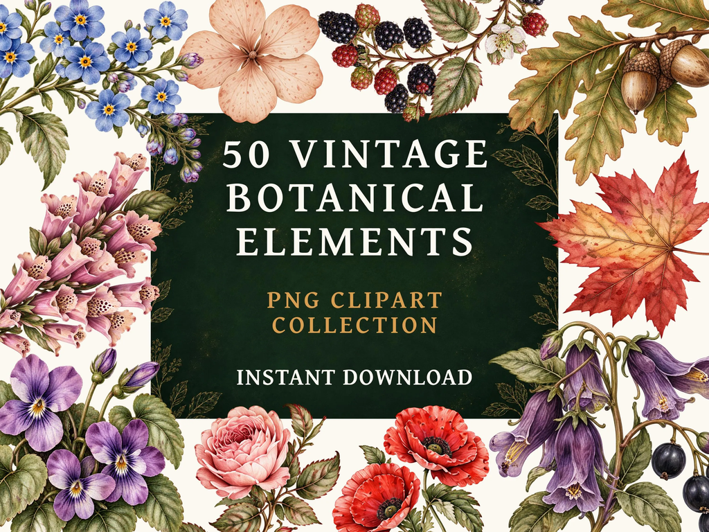 50 Vintage Botanical Clipart PNGs | Digital Planner Stickers