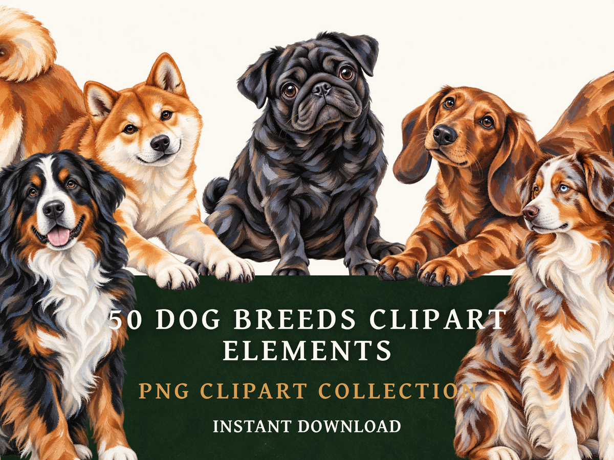 50 Dog Breed Clipart PNGs | Digital Planner Stickers
