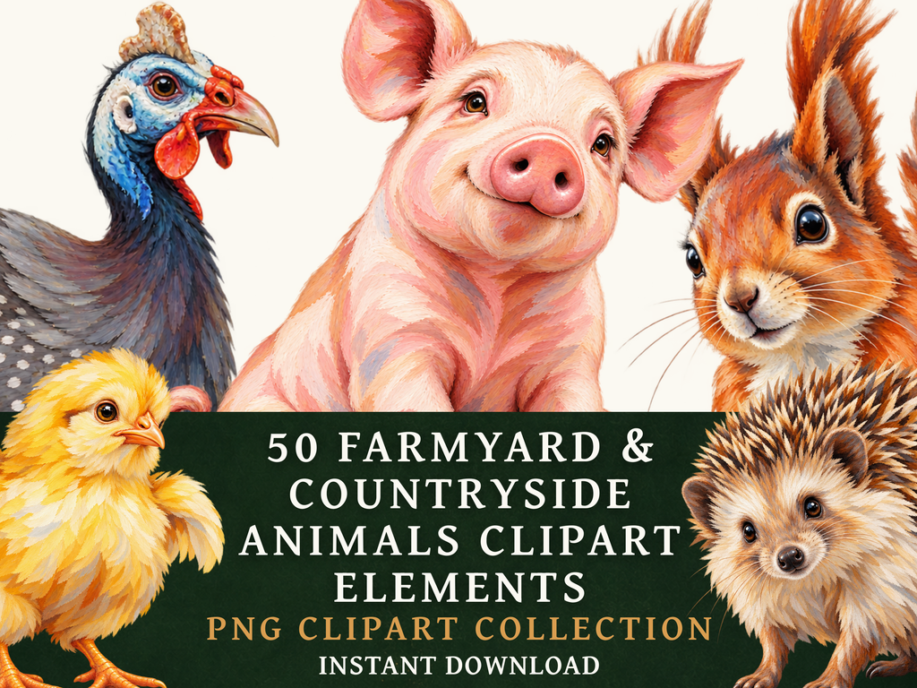 50 Farmyard & Countryside Animal Clipart PNGs | Digital Planner Stickers