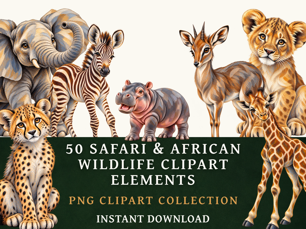 50 Safari & African Wildlife Clipart PNGs | Digital Planner Stickers