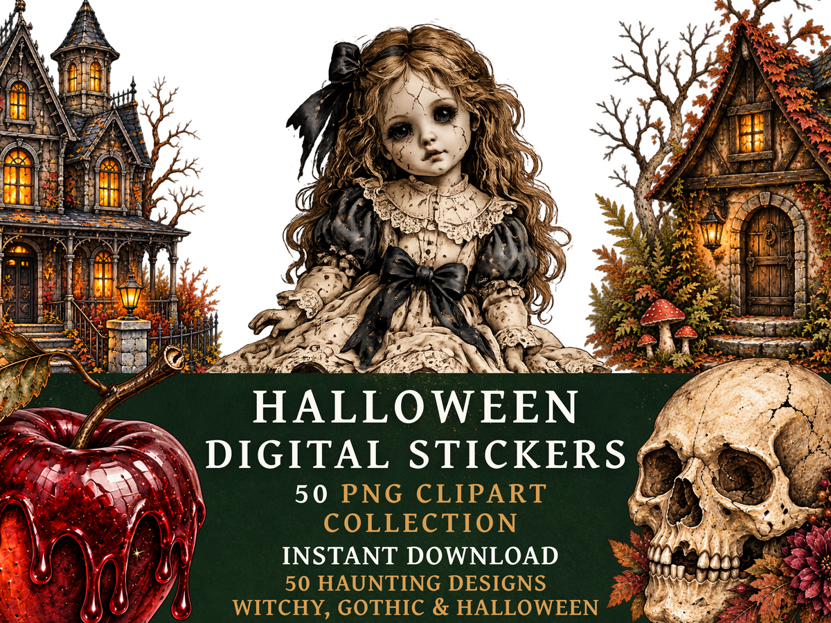 50 Gothic Halloween Clipart PNGs | Digital Planner Stickers