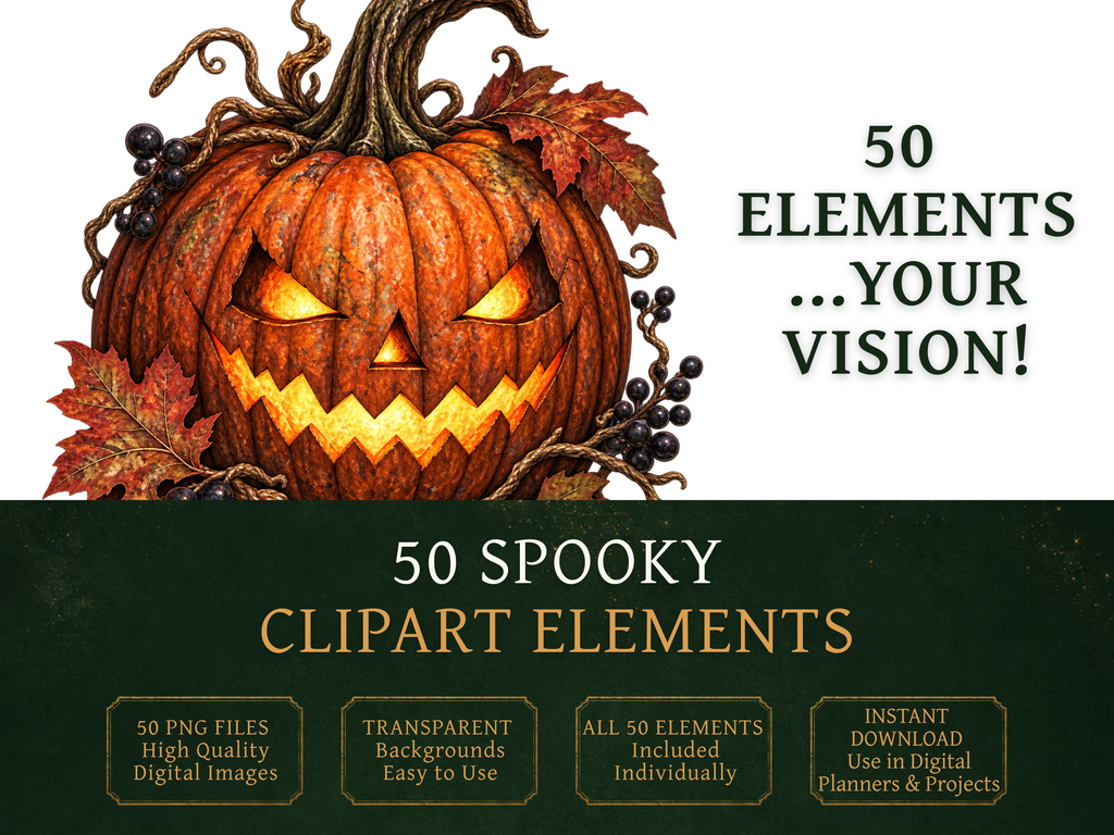 50 Gothic Halloween Clipart PNGs | Digital Planner Stickers