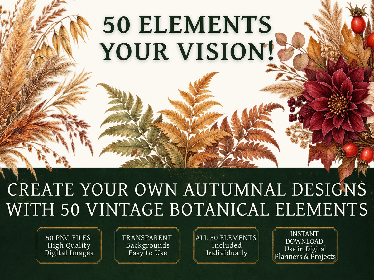 50 Vintage Fall Flower Clipart PNGs | Digital Planner Stickers