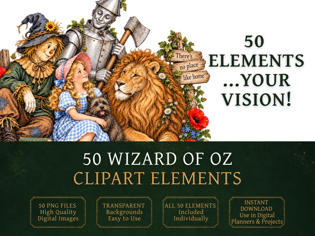 50 Wizard of Oz Clipart PNGs | Digital Planner Stickers