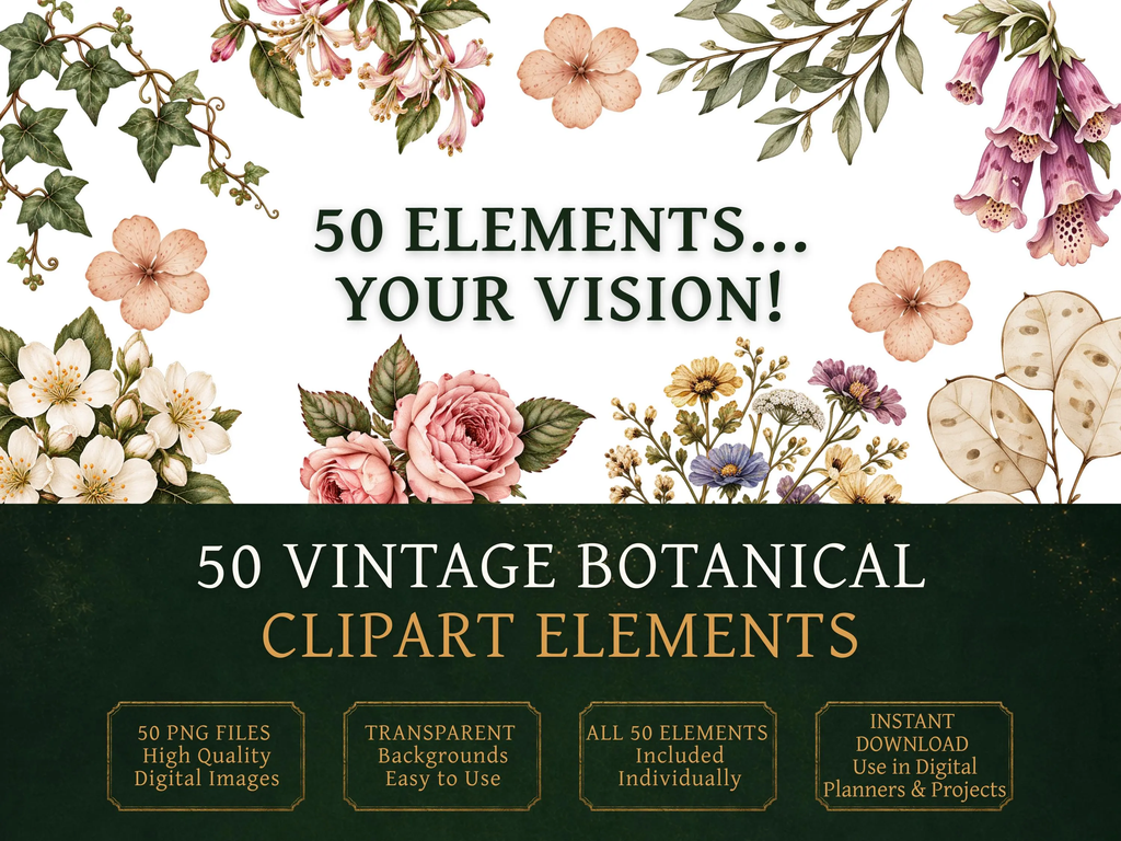 50 Vintage Botanical Clipart PNGs | Digital Planner Stickers