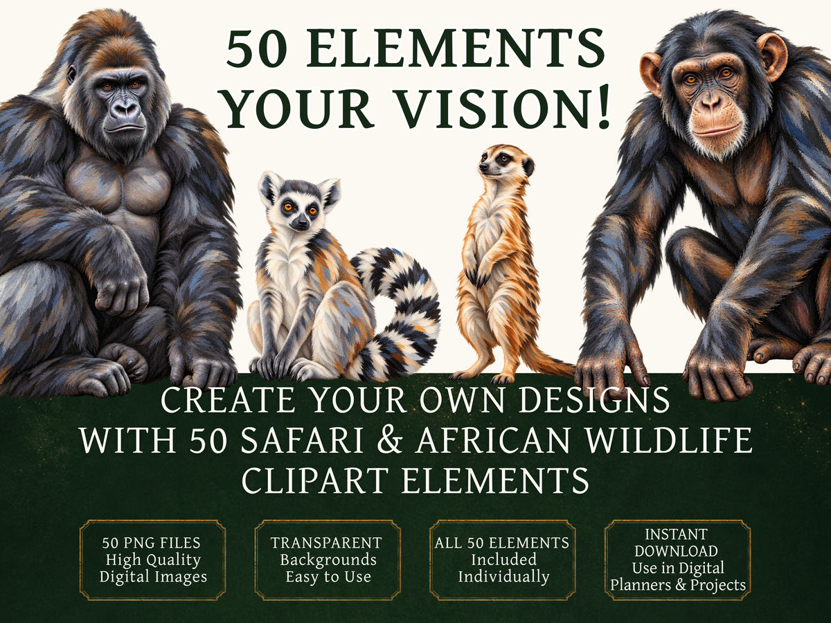 50 Safari & African Wildlife Clipart PNGs | Digital Planner Stickers