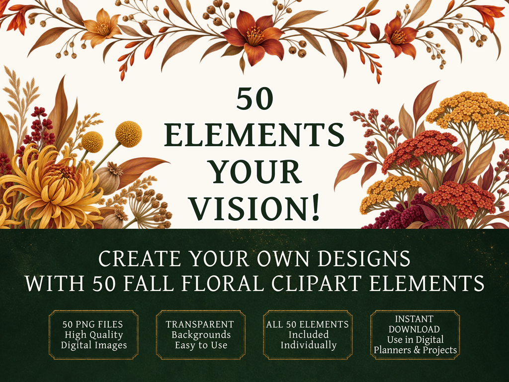 50 Fall Flower Clipart PNGs | Digital Planner Stickers