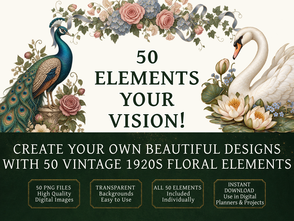 50 Vintage 1920s Flower Clipart PNGs | Digital Planner Stickers
