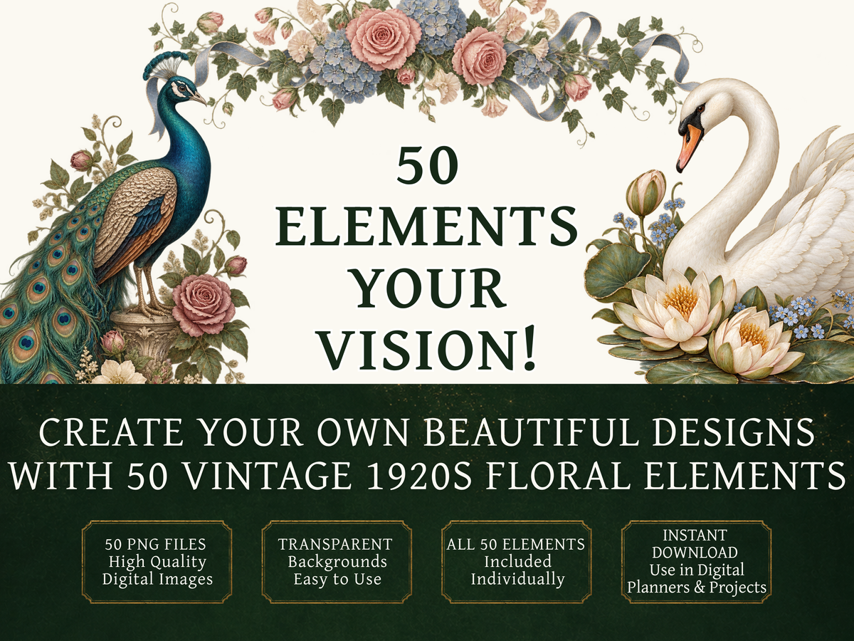 50 Vintage 1920s Flower Clipart PNGs | Digital Planner Stickers