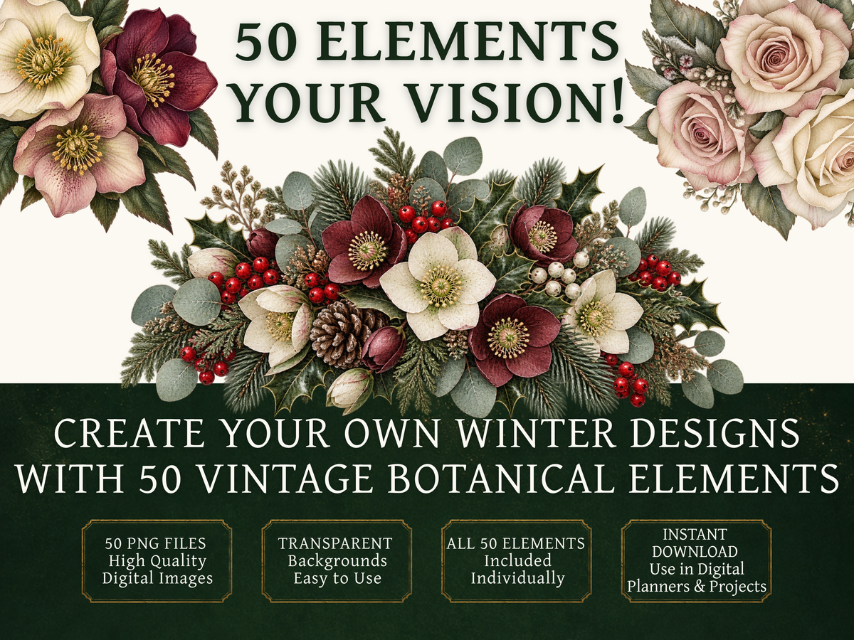 50 Vintage Winter Flower Clipart PNGs | Digital Planner Stickers