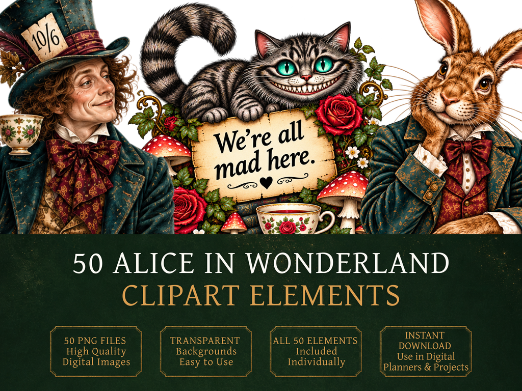 50 Alice in Wonderland Clipart PNGs | Digital Planner Stickers