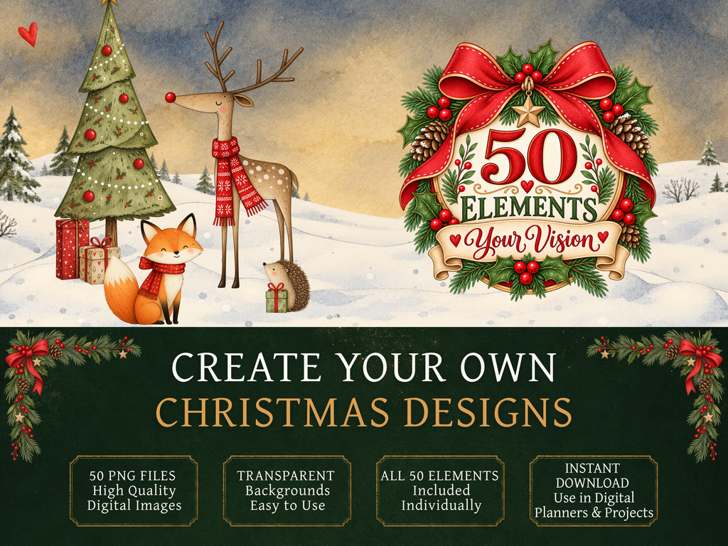 50 Woodland Christmas Clipart PNGs | Digital Planner Stickers