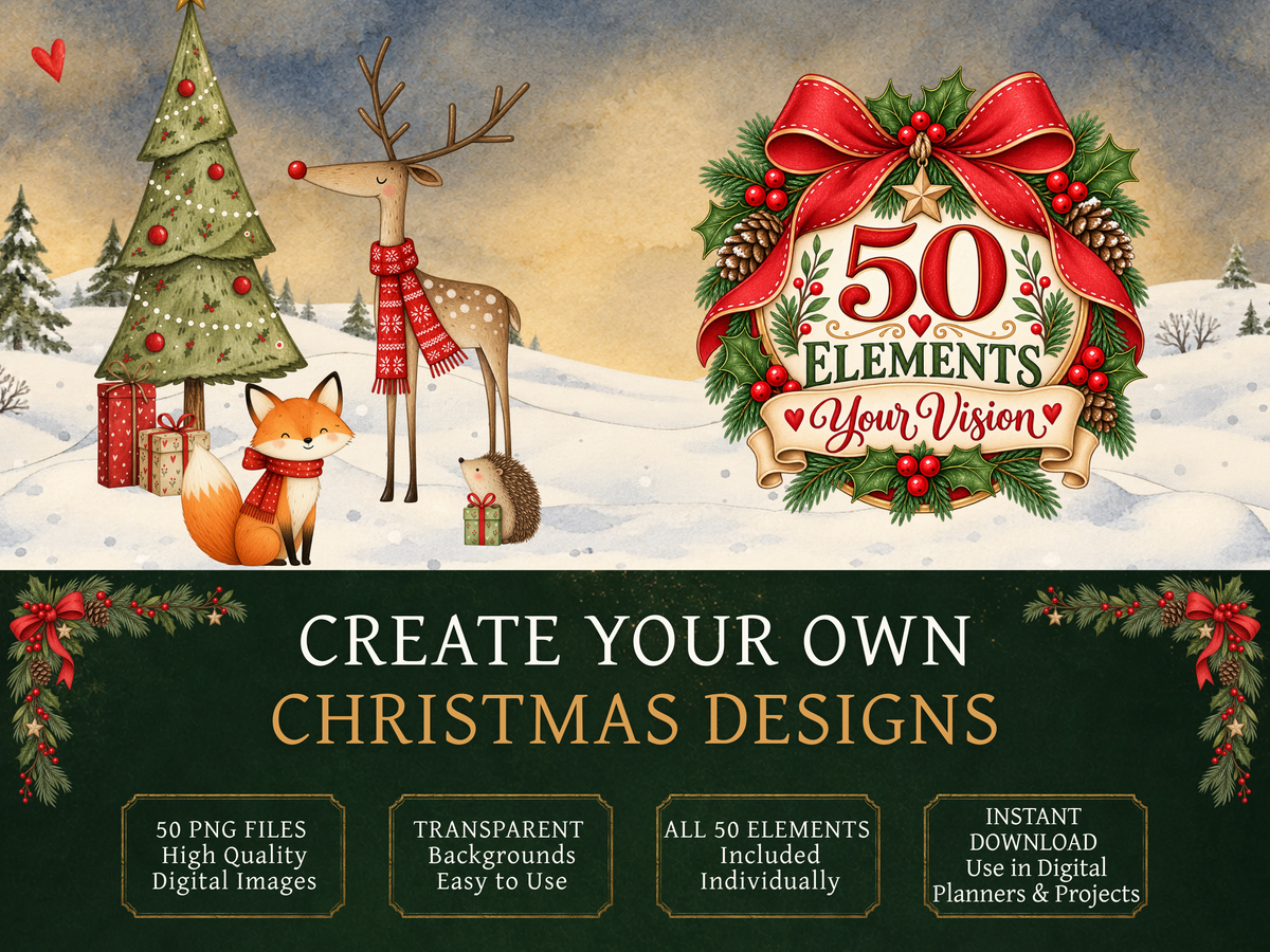 50 Woodland Christmas Clipart PNGs | Digital Planner Stickers