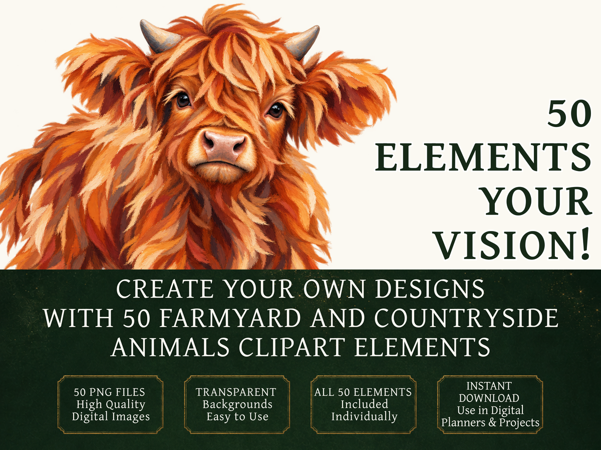 50 Farmyard & Countryside Animal Clipart PNGs | Digital Planner Stickers