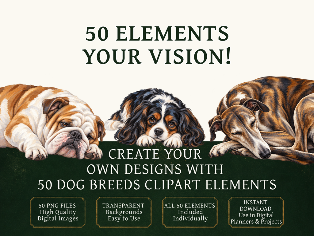 50 Dog Breed Clipart PNGs | Digital Planner Stickers
