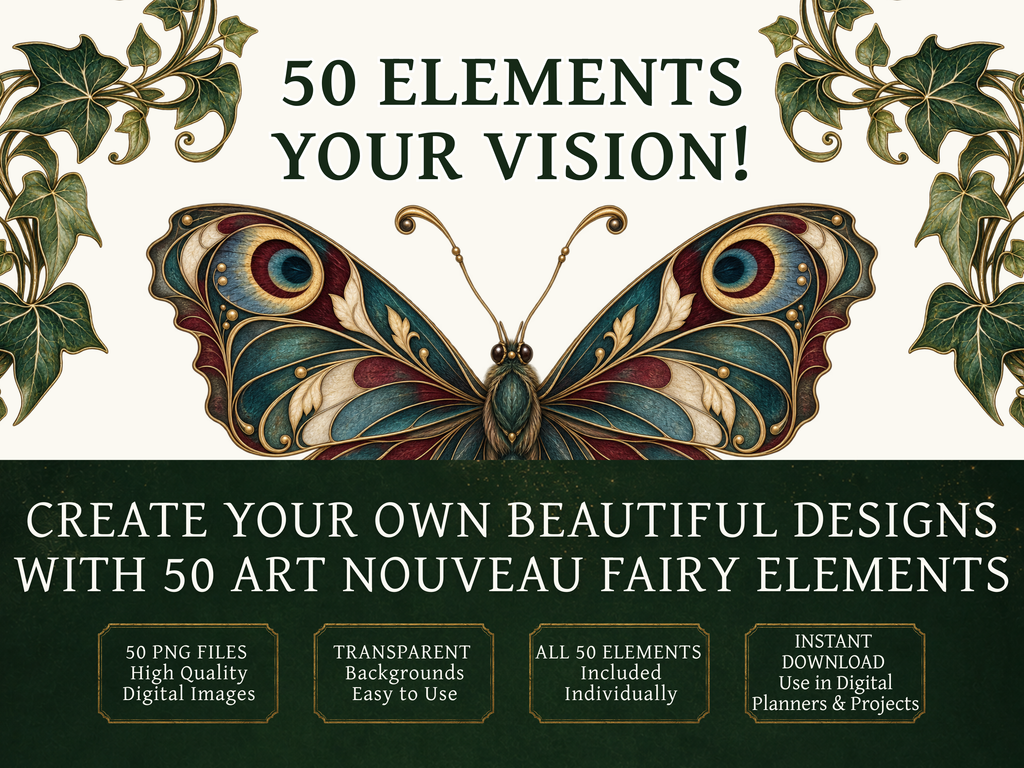 50 Art Nouveau Fairy Tale Clipart PNGs | Digital Planner Stickers