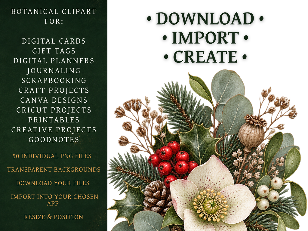 50 Vintage Winter Flower Clipart PNGs | Digital Planner Stickers