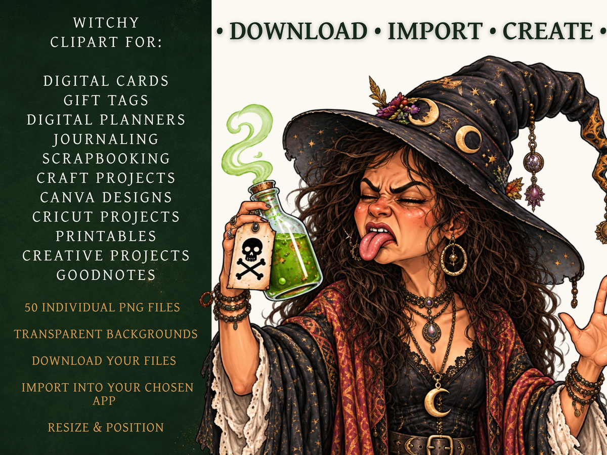 50 Funny Witch Clipart PNGs | Digital Planner Stickers