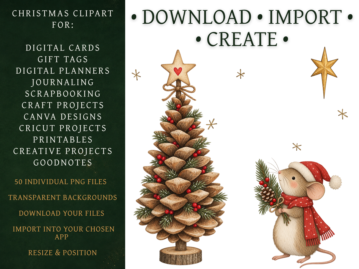 50 Woodland Christmas Clipart PNGs | Digital Planner Stickers