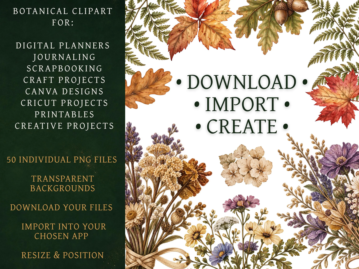 50 Vintage Botanical Clipart PNGs | Digital Planner Stickers