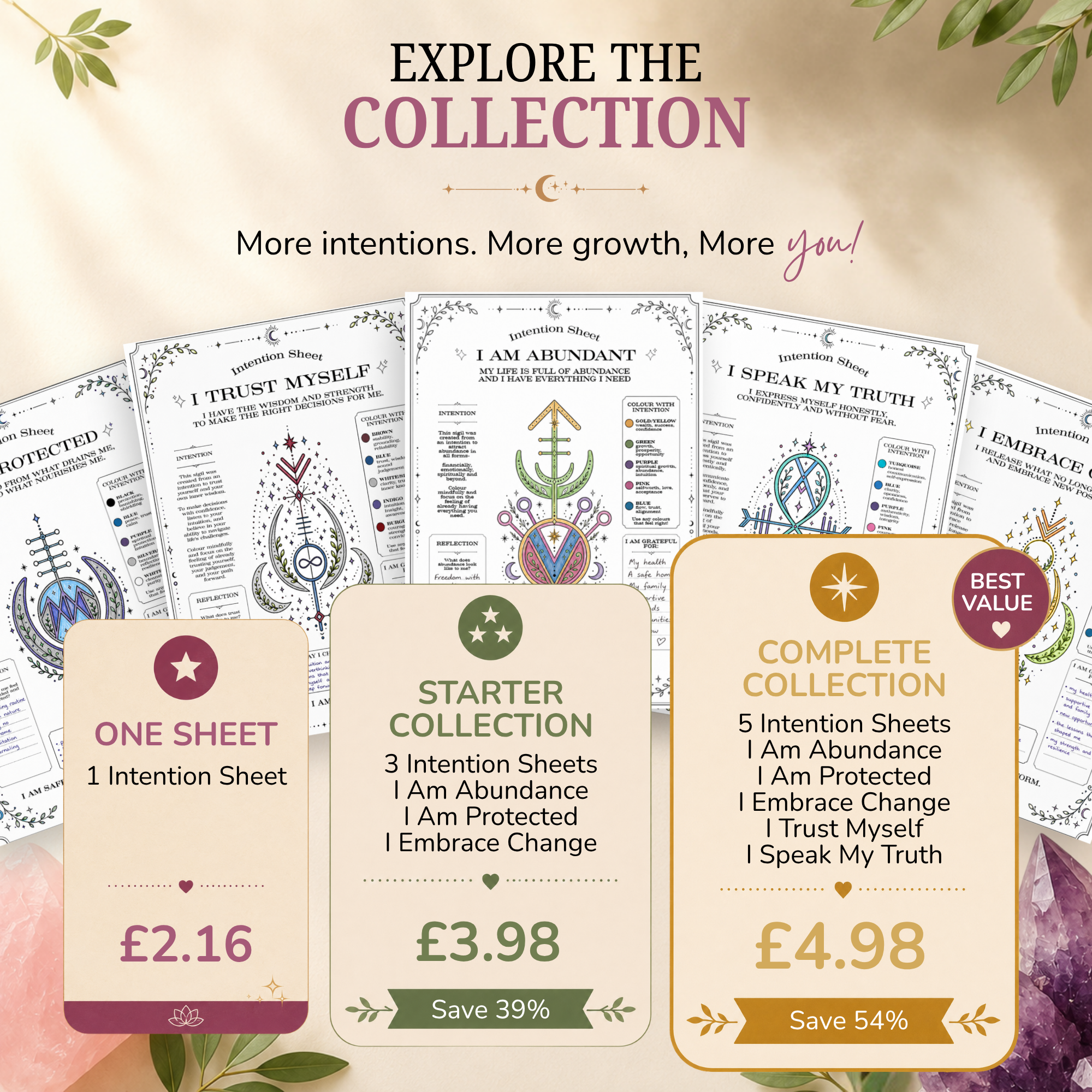 Intention Sheet Bundle | 5 Printable Reflection & Manifestation Worksheets