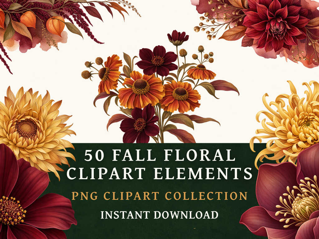 50 Fall Flower Clipart PNGs | Digital Planner Stickers