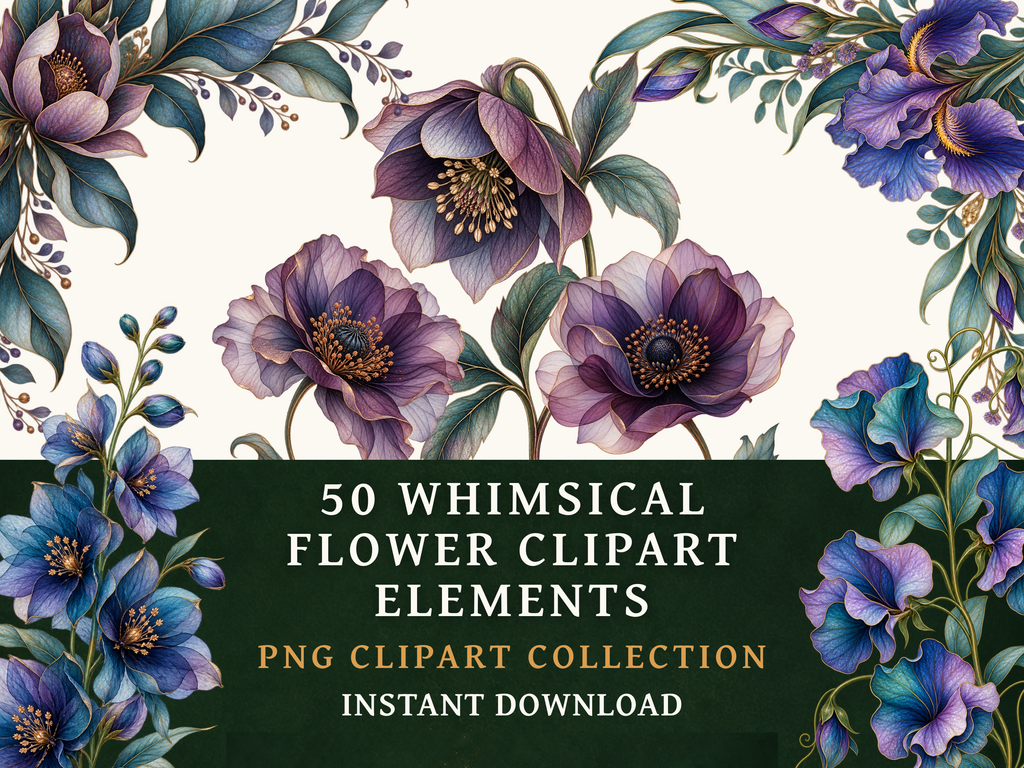 50 Whimsical Flower Clipart PNGs | Digital Planner Stickers