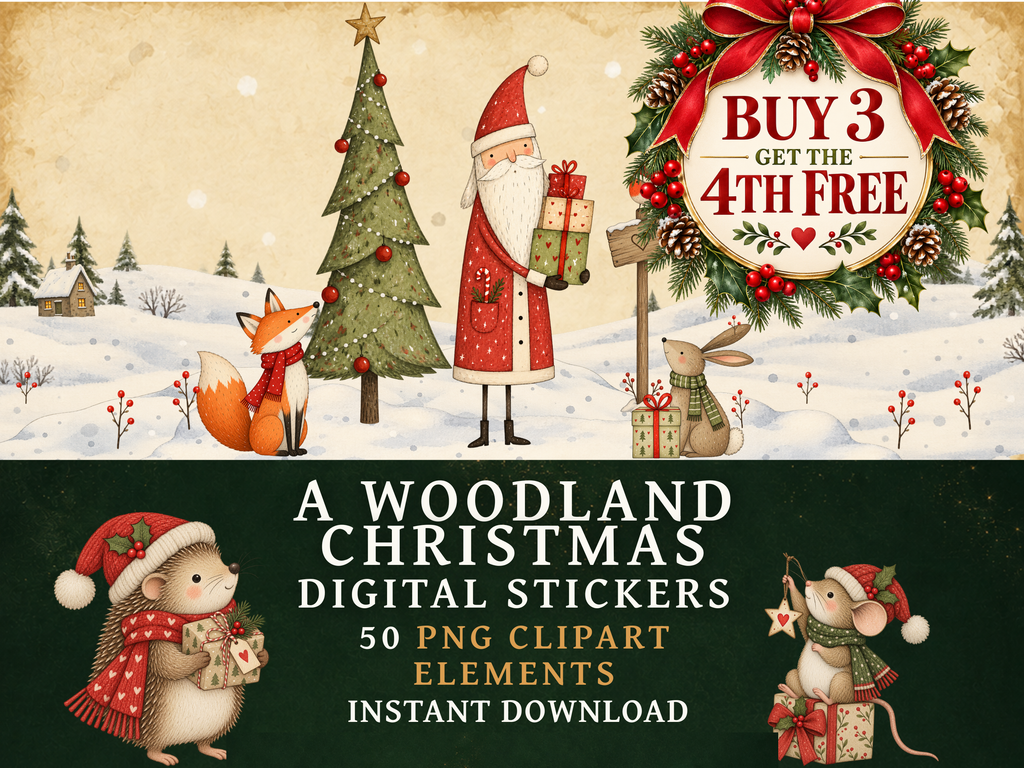50 Woodland Christmas Clipart PNGs | Digital Planner Stickers