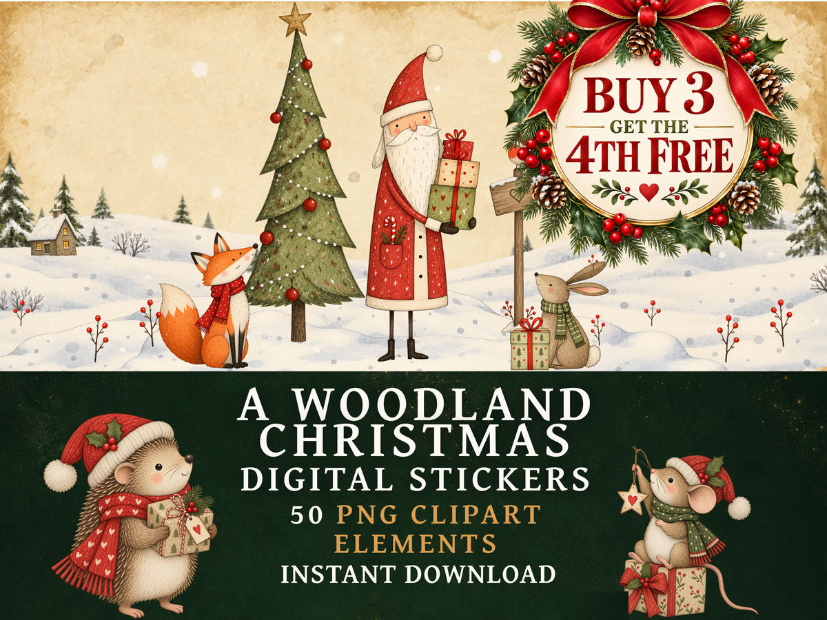 50 Woodland Christmas Clipart PNGs | Digital Planner Stickers