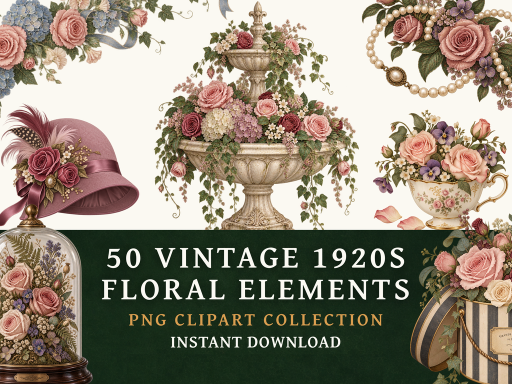 50 Vintage 1920s Flower Clipart PNGs | Digital Planner Stickers