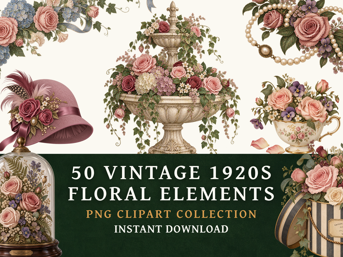 50 Vintage 1920s Flower Clipart PNGs | Digital Planner Stickers
