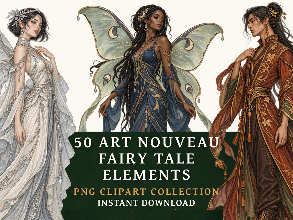 50 Art Nouveau Fairy Tale Clipart PNGs | Digital Planner Stickers