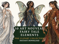 50 Art Nouveau Fairy Tale Clipart PNGs | Digital Planner Stickers
